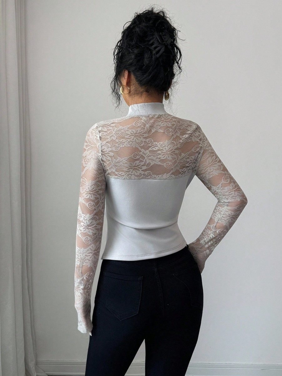 SHEIN Elenzga Women's Lace Patchwork Long Sleeve Top - PINK SHOP EG