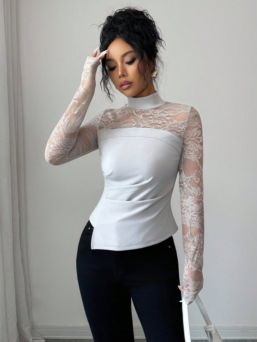 SHEIN Elenzga Women's Lace Patchwork Long Sleeve Top - PINK SHOP EG
