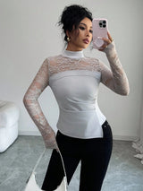 SHEIN Elenzga Women's Lace Patchwork Long Sleeve Top - PINK SHOP EG