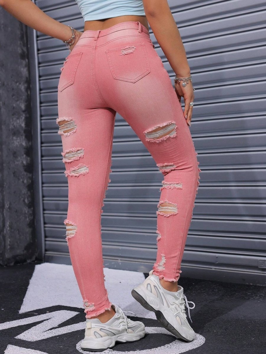 SHEIN Essnce Women Ripped Distressed Frayed Hem Washed D1C - PINK SHOP EG