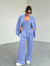 SHEIN EZwear Summer Casual Blue Women 3 Pieces Suit Set: Long Sleeve Blazer - PINK SHOP EG