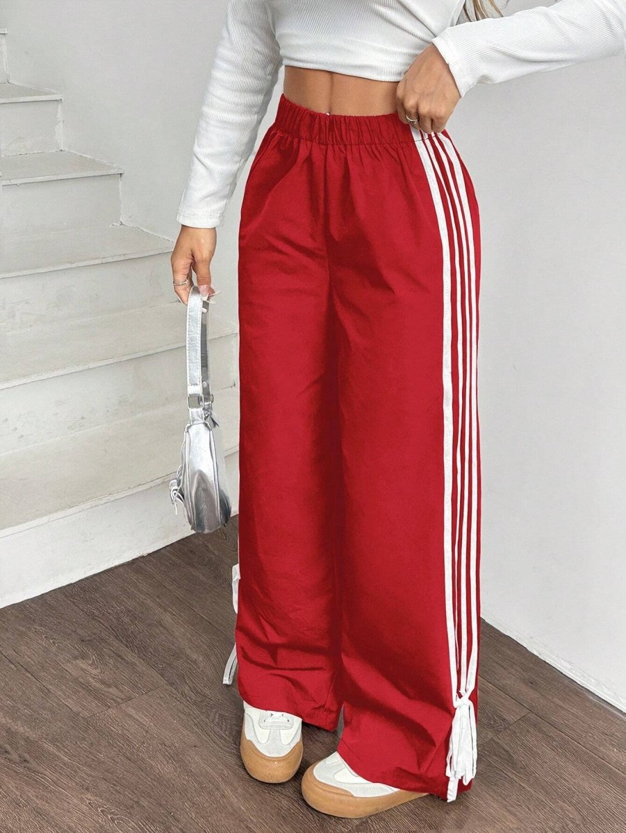 SHEIN EZwear Women Black Side Contrast White Tape Elastic Waist Pants - PINK SHOP EG