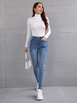 SHEIN Frenchy High Neck Slim Fit Basic Tee A3B - PINK SHOP EG