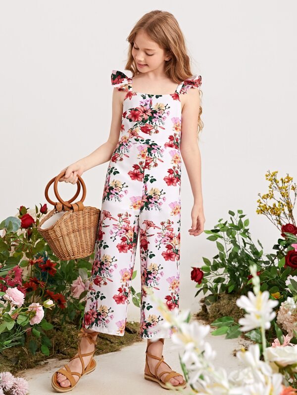 SHEIN Girls Allover Floral Ruffle Trim Jumpsuit F1A - PINK SHOP EG