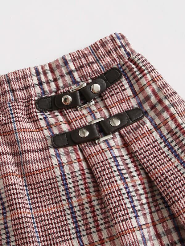 SHEIN Girls Buckle Pleated Detail Plaid Skirt F1C - PINK SHOP EG