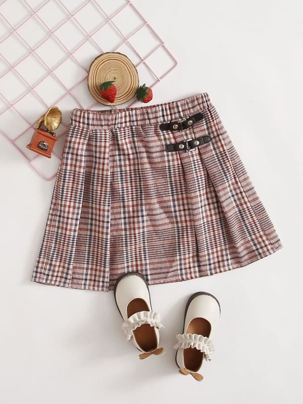 SHEIN Girls Buckle Pleated Detail Plaid Skirt F1C - PINK SHOP EG