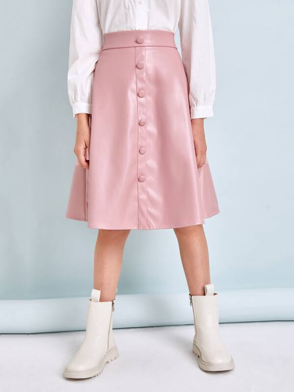 SHEIN Girls Buttoned Front PU Leather Skirt K4A - PINK SHOP EG