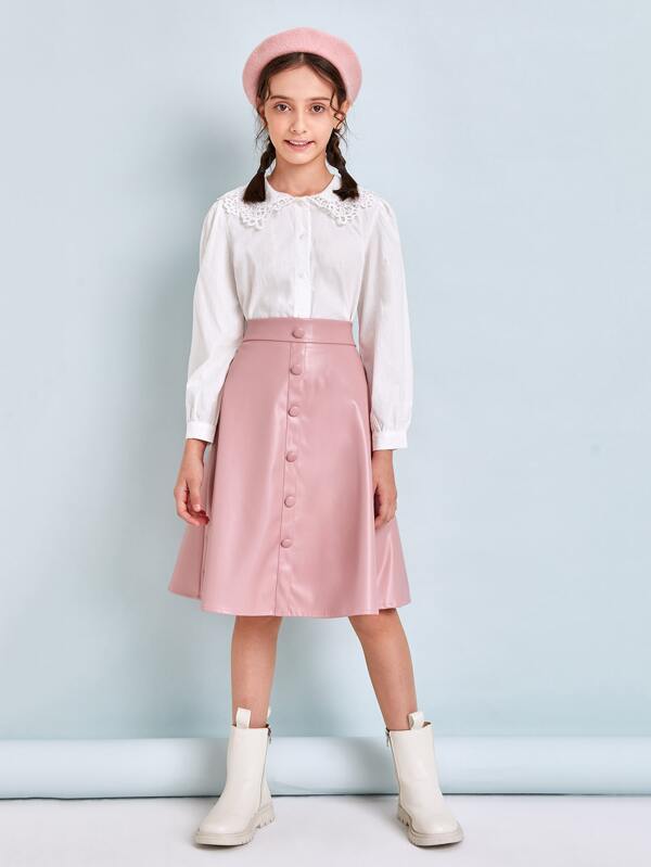 SHEIN Girls Buttoned Front PU Leather Skirt K4A - PINK SHOP EG