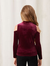 SHEIN Girls Cold Shoulder Mock Neck Velvet Tee F1A - PINK SHOP EG