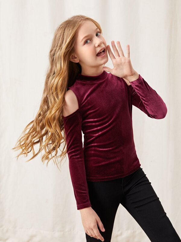 SHEIN Girls Cold Shoulder Mock Neck Velvet Tee F1A - PINK SHOP EG