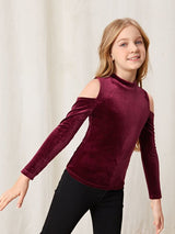 SHEIN Girls Cold Shoulder Mock Neck Velvet Tee F1A - PINK SHOP EG