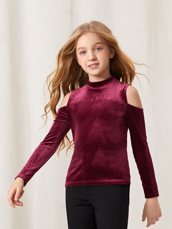 SHEIN Girls Cold Shoulder Mock Neck Velvet Tee F1A - PINK SHOP EG
