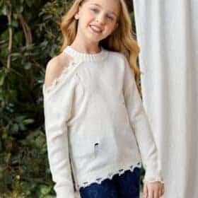 SHEIN Girls Cold Shoulder Ripped Raw Hem Sweater K5C - PINK SHOP EG