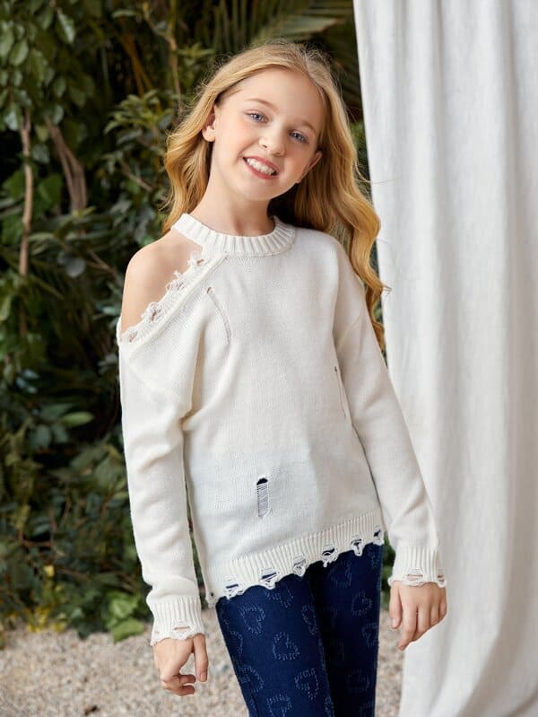 SHEIN Girls Cold Shoulder Ripped Raw Hem Sweater K5C - PINK SHOP EG