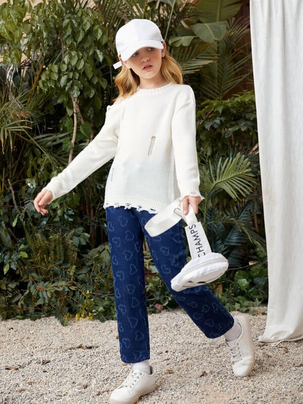 SHEIN Girls Cold Shoulder Ripped Raw Hem Sweater K5C - PINK SHOP EG