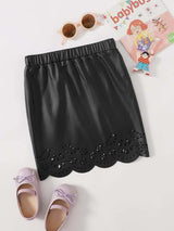 SHEIN Girls Elastic Waist Laser Cut Scallop Hem Leather Look Skirt K4A - PINK SHOP EG