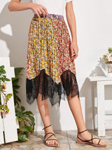 SHEIN Girls Floral Print Lace Hem Pleated Skirt K2C - PINK SHOP EG
