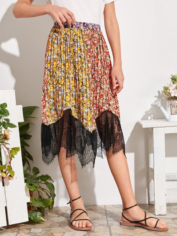 SHEIN Girls Floral Print Lace Hem Pleated Skirt K2C - PINK SHOP EG