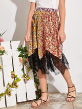 SHEIN Girls Floral Print Lace Hem Pleated Skirt K2C - PINK SHOP EG