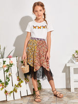 SHEIN Girls Floral Print Lace Hem Pleated Skirt K2C - PINK SHOP EG