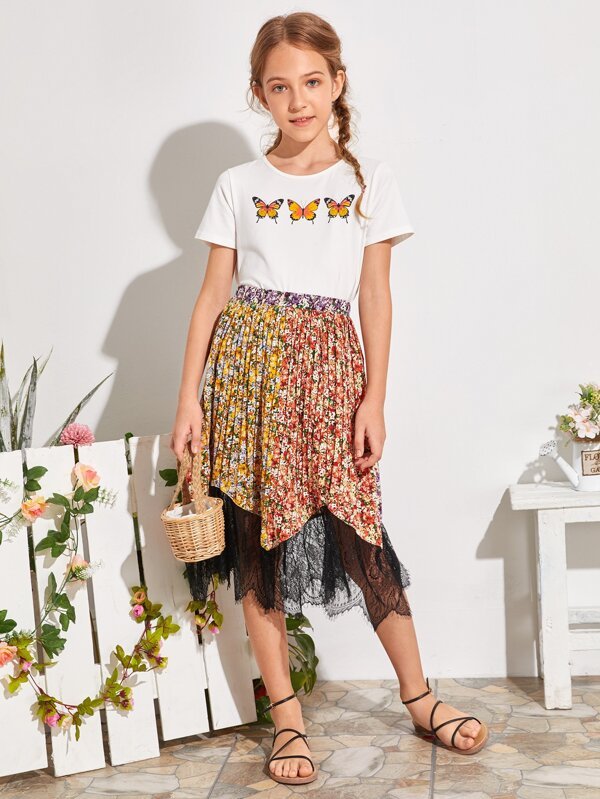 SHEIN Girls Floral Print Lace Hem Pleated Skirt K2C - PINK SHOP EG