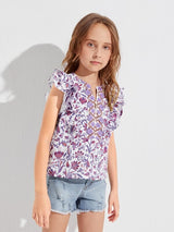 SHEIN Girls Floral Print Ruffle Armhole Top K2B - PINK SHOP EG