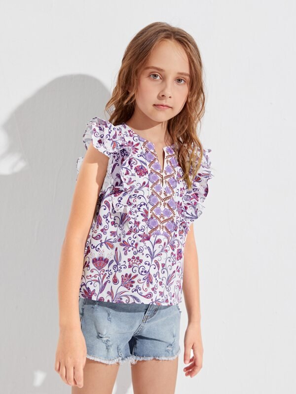 SHEIN Girls Floral Print Ruffle Armhole Top K2B - PINK SHOP EG