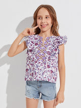 SHEIN Girls Floral Print Ruffle Armhole Top K2B - PINK SHOP EG