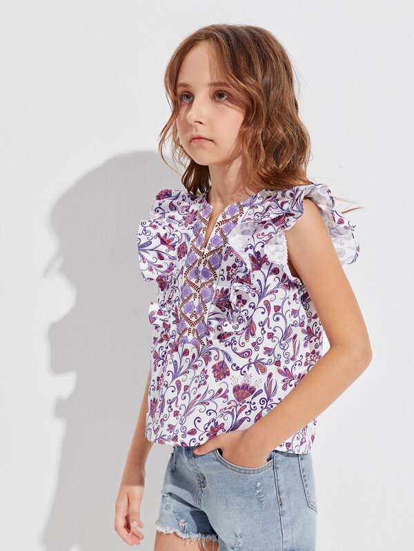 SHEIN Girls Floral Print Ruffle Armhole Top K2B - PINK SHOP EG
