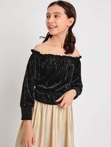 SHEIN Girls Frilled Off Shoulder Shirred Panel Velvet Top K4C - PINK SHOP EG