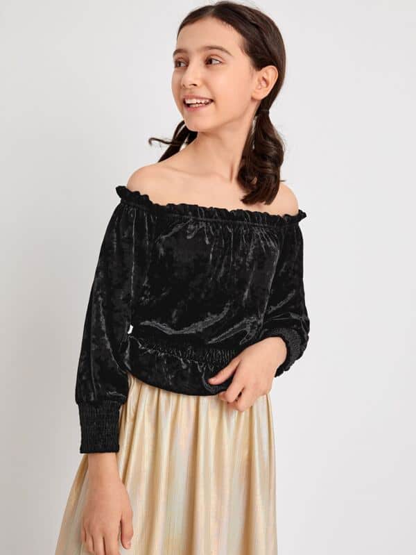 SHEIN Girls Frilled Off Shoulder Shirred Panel Velvet Top K4C - PINK SHOP EG