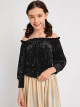SHEIN Girls Frilled Off Shoulder Shirred Panel Velvet Top K4C - PINK SHOP EG