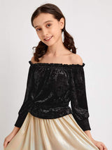 SHEIN Girls Frilled Off Shoulder Shirred Panel Velvet Top K4C - PINK SHOP EG