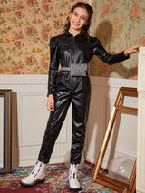 SHEIN Girls Gigot Sleeve Flap Detail Zipper Placket PU Jumpsuit Without Bag K6A - PINK SHOP EG