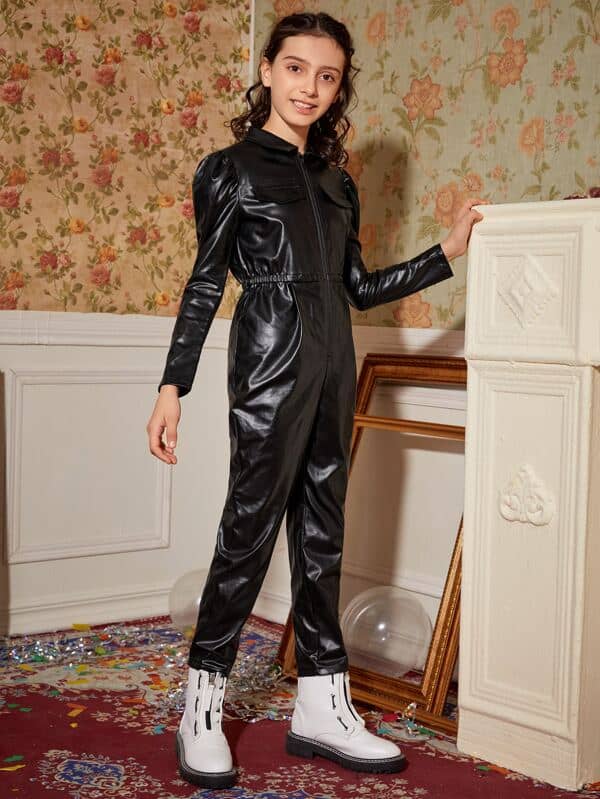 SHEIN Girls Gigot Sleeve Flap Detail Zipper Placket PU Jumpsuit Without Bag K6A - PINK SHOP EG