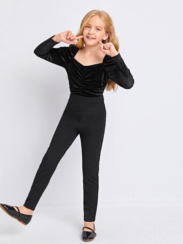SHEIN Girls Gigot Sleeve Ruched Detail Velvet Bodice Jumpsuit K5B - PINK SHOP EG