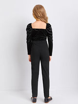 SHEIN Girls Gigot Sleeve Ruched Detail Velvet Bodice Jumpsuit K5B - PINK SHOP EG