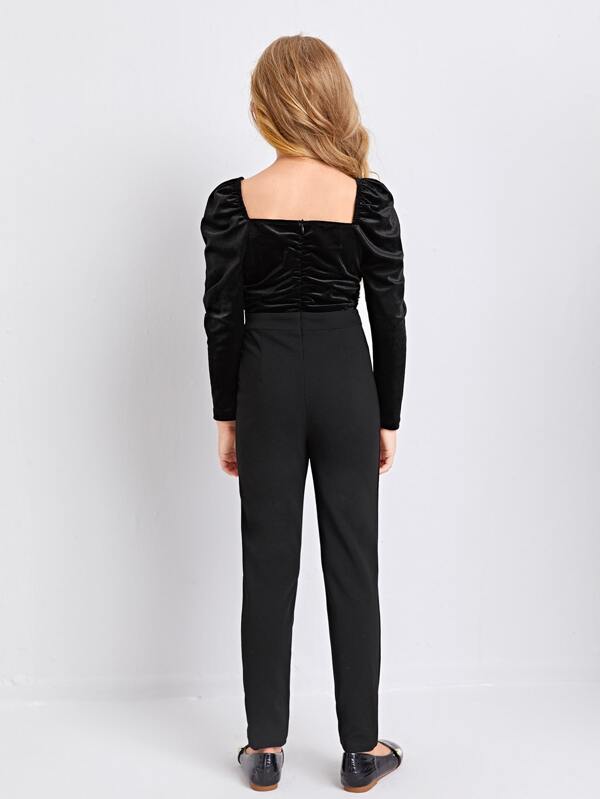 SHEIN Girls Gigot Sleeve Ruched Detail Velvet Bodice Jumpsuit K5B - PINK SHOP EG
