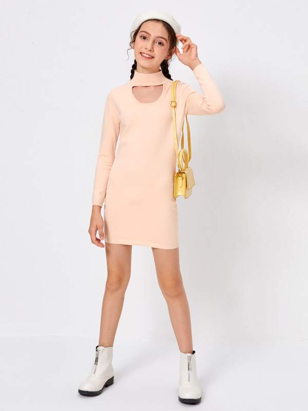 SHEIN Girls Keyhole Neck Sweater Dress K4B - PINK SHOP EG