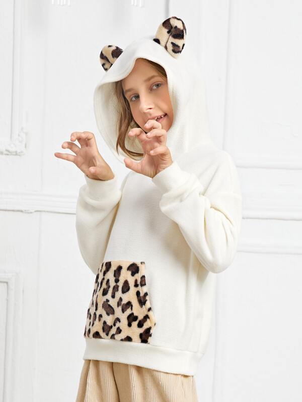 SHEIN Girls Leopard Print 3D Ear Patched Fleece Hoodie K3C - PINK SHOP EG