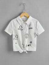 SHEIN Girls Letter Graphic Knot Hem Blouse K4A - PINK SHOP EG