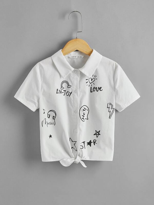 SHEIN Girls Letter Graphic Knot Hem Blouse K4A - PINK SHOP EG