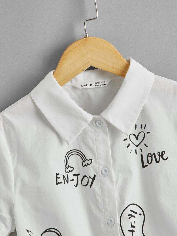 SHEIN Girls Letter Graphic Knot Hem Blouse K4A - PINK SHOP EG
