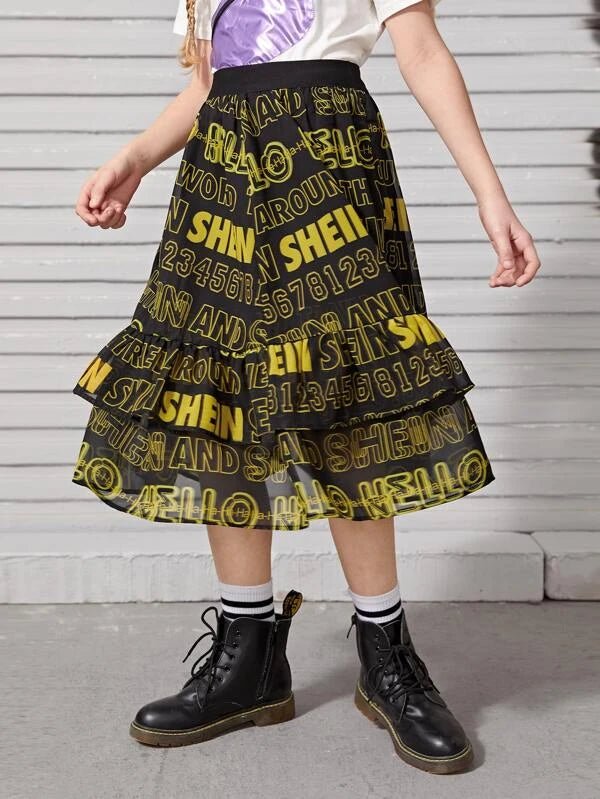 SHEIN Girls Letter Graphic Layered Skirt F1C - PINK SHOP EG