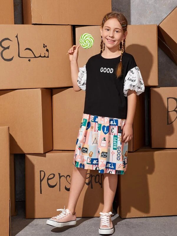 SHEIN Girls Letter Graphic Puff Sleeve Tee K5A - PINK SHOP EG