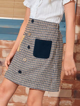 SHEIN Girls Pocket Patched Button Front Houndstooth Skirt K6C - PINK SHOP EG