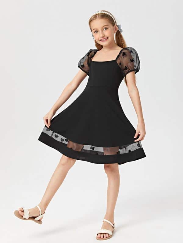 SHEIN Girls Puff Sleeve Heart Sheer Mesh Insert Dress K6B - PINK SHOP EG