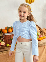 SHEIN Girls Ruched Drawstring Front Puff Sleeve Crop Top K5C - PINK SHOP EG