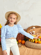 SHEIN Girls Ruched Drawstring Front Puff Sleeve Crop Top K5C - PINK SHOP EG