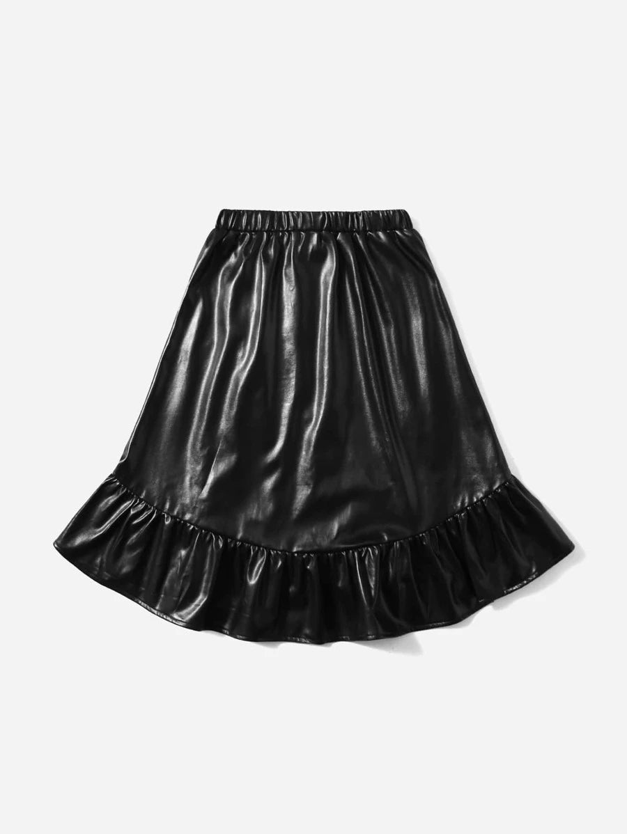 SHEIN Girls Ruffle Asymmetrical Hem PU Leather Skirt F1C - PINK SHOP EG